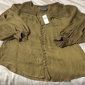 NWT Anthropology Olive Peasant Blouse with Smocked Yoke